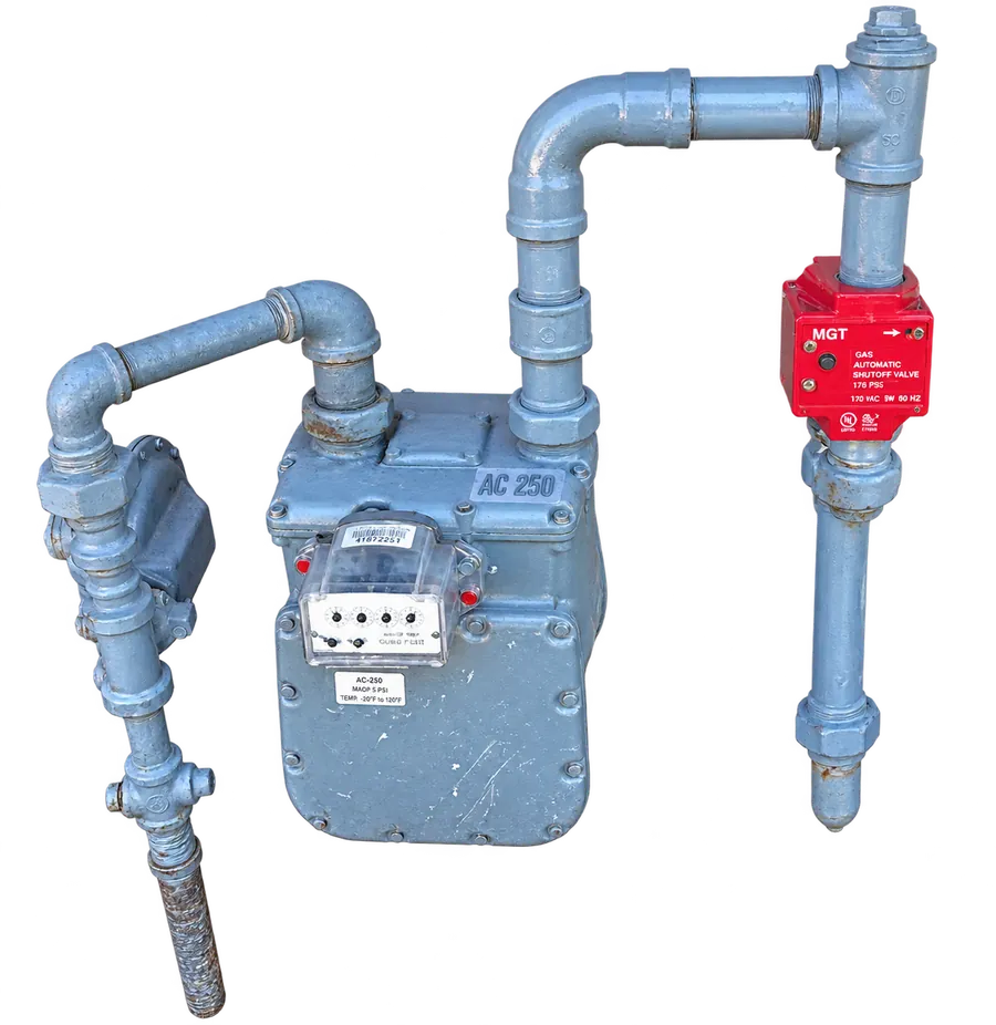 Seismic gas shutoff valve installed on a residential gas meter by Beagle Services
